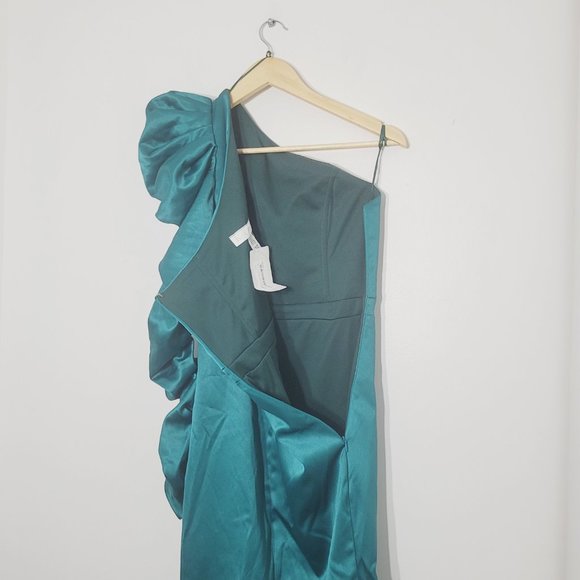 Karlie Monkees NEW One Shoulder Long Sleeve Satin Event Dress Stretch Green NWT - Picture 9 of 16